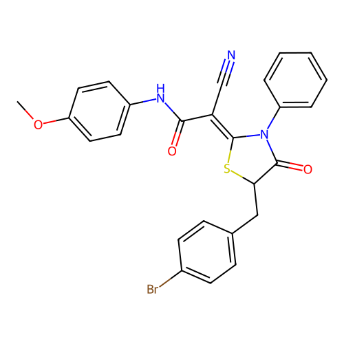 (Z)-2-(5-(4-bromobenzyl)-4-oxo-3-phenylthiazolidin-2-ylidene)-2-cyano-N-(4-methoxyphenyl)acetamide structure