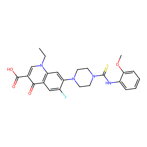 1-ethyl-6-fluoro-7-(4-((2-methoxyphenyl)carbamothioyl)piperazin-1-yl)-4-oxo-1,4-dihydroquinoline-3-carboxylic acid structure