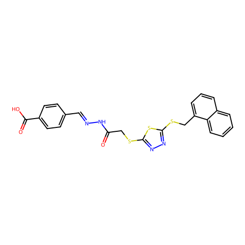 4-[(E)-{2-[({5-[(naphthalen-1-ylmethyl)sulfanyl]-1,3,4-thiadiazol-2-yl}sulfanyl)acetyl]hydrazinylidene}methyl]benzoic acid structure