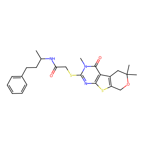 N-(4-phenylbutan-2-yl)-2-((3,6,6-trimethyl-4-oxo-4,5,6,8-tetrahydro-3H-pyrano[4',3':4,5]thieno[2,3-d]pyrimidin-2-yl)thio)acetamide structure
