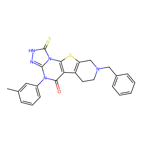 8-benzyl-1-mercapto-4-(m-tolyl)-6,7,8,9-tetrahydropyrido[4',3':4,5]thieno[3,2-e][1,2,4]triazolo[4,3-a]pyrimidin-5(4H)-one structure