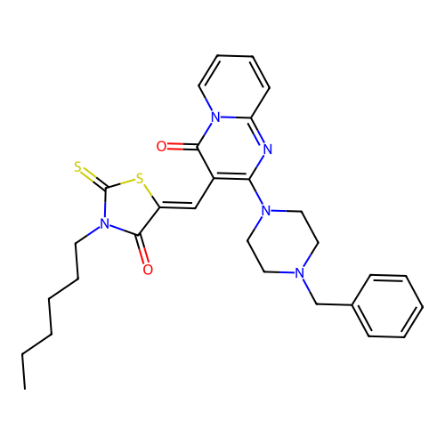 2-(4-benzylpiperazin-1-yl)-3-[(Z)-(3-hexyl-4-oxo-2-thioxo-1,3-thiazolidin-5-ylidene)methyl]-4H-pyrido[1,2-a]pyrimidin-4-one structure
