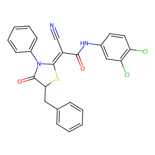 (2Z)-2-(5-benzyl-4-oxo-3-phenyl-1,3-thiazolidin-2-ylidene)-2-cyano-N-(3,4-dichlorophenyl)acetamide structure