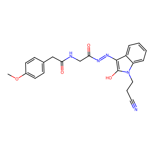 (Z)-N-(2-(2-(1-(2-cyanoethyl)-2-oxoindolin-3-ylidene)hydrazinyl)-2-oxoethyl)-2-(4-methoxyphenyl)acetamide structure