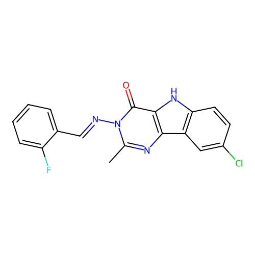 (E)-8-chloro-3-((2-fluorobenzylidene)amino)-2-methyl-3H-pyrimido[5,4-b]indol-4(5H)-one structure