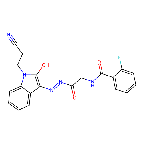 N-[2-[2-[1-(2-cyanoethyl)-2-oxoindol-3-ylidene]hydrazinyl]-2-oxoethyl]-2-fluorobenzamide structure
