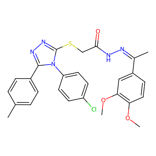 2-[[4-(4-chlorophenyl)-5-(4-methylphenyl)-1,2,4-triazol-3-yl]sulfanyl]-N-[(E)-1-(3,4-dimethoxyphenyl)ethylideneamino]acetamide structure