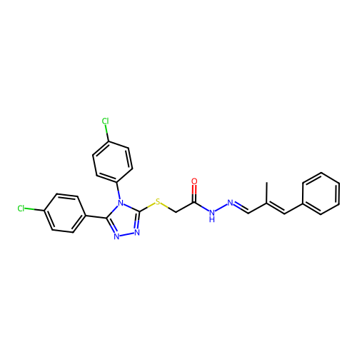 (E)-2-((4,5-bis(4-chlorophenyl)-4H-1,2,4-triazol-3-yl)thio)-N'-((E)-2-methyl-3-phenylallylidene)acetohydrazide structure