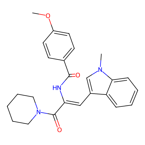 4-methoxy-N-[(Z)-1-(1-methylindol-3-yl)-3-oxo-3-piperidin-1-ylprop-1-en-2-yl]benzamide structure