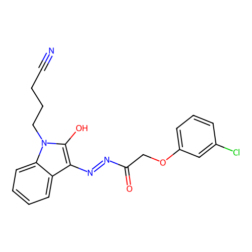 (E)-2-(3-chlorophenoxy)-N'-(1-(3-cyanopropyl)-2-oxoindolin-3-ylidene)acetohydrazide structure