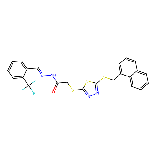 2-({5-[(naphthalen-1-ylmethyl)sulfanyl]-1,3,4-thiadiazol-2-yl}sulfanyl)-N'-{(E)-[2-(trifluoromethyl)phenyl]methylidene}acetohydrazide structure