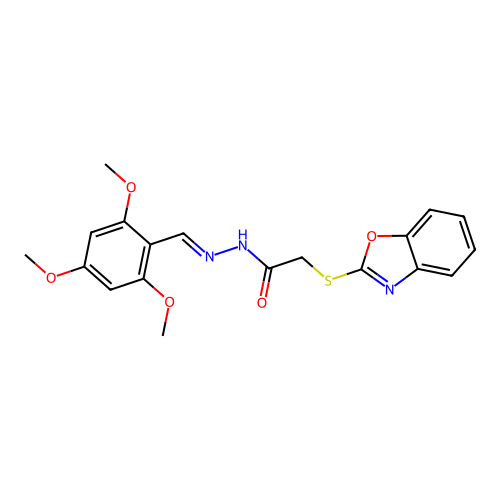 (E)-2-(benzo[d]oxazol-2-ylthio)-N'-(2,4,6-trimethoxybenzylidene)acetohydrazide structure