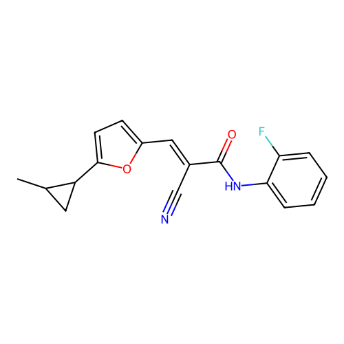 (E)-2-cyano-N-(2-fluorophenyl)-3-(5-(2-methylcyclopropyl)furan-2-yl)acrylamide structure