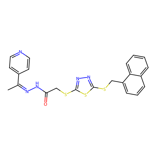 (Z)-2-((5-((naphthalen-1-ylmethyl)thio)-1,3,4-thiadiazol-2-yl)thio)-N'-(1-(pyridin-4-yl)ethylidene)acetohydrazide structure