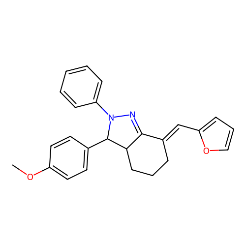 (7E)-7-(furan-2-ylmethylidene)-3-(4-methoxyphenyl)-2-phenyl-3,3a,4,5,6,7-hexahydro-2H-indazole structure