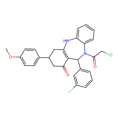 2-chloro-1-[11-(3-fluorophenyl)-1-hydroxy-3-(4-methoxyphenyl)-2,3,4,11-tetrahydro-10H-dibenzo[b,e][1,4]diazepin-10-yl]ethanone structure