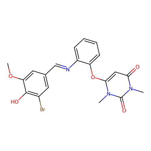 (E)-6-(2-((3-bromo-4-hydroxy-5-methoxybenzylidene)amino)phenoxy)-1,3-dimethylpyrimidine-2,4(1H,3H)-dione structure