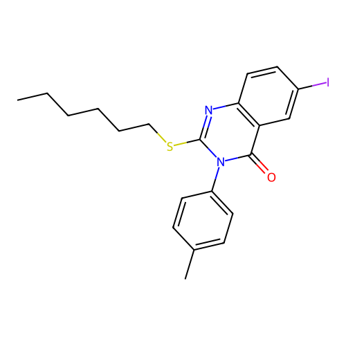 2-(hexylsulfanyl)-6-iodo-3-(4-methylphenyl)quinazolin-4(3H)-one structure
