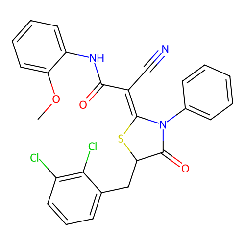 (Z)-2-cyano-2-(5-(2,3-dichlorobenzyl)-4-oxo-3-phenylthiazolidin-2-ylidene)-N-(2-methoxyphenyl)acetamide structure