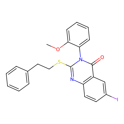 6-iodo-3-(2-methoxyphenyl)-2-[(2-phenylethyl)sulfanyl]quinazolin-4(3H)-one structure