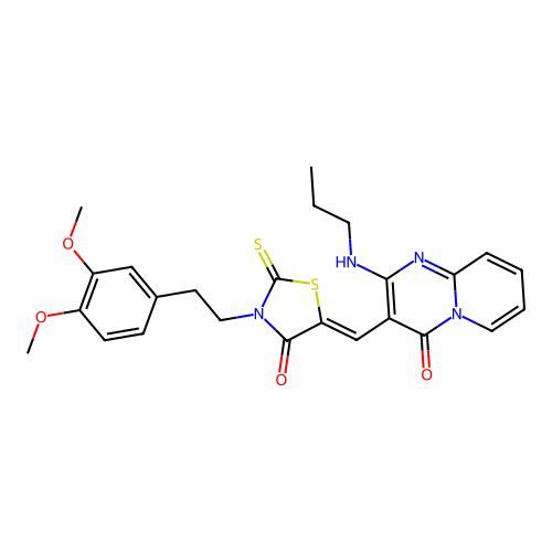 3-[(Z)-{3-[2-(3,4-dimethoxyphenyl)ethyl]-4-oxo-2-thioxo-1,3-thiazolidin-5-ylidene}methyl]-2-(propylamino)-4H-pyrido[1,2-a]pyrimidin-4-one structure