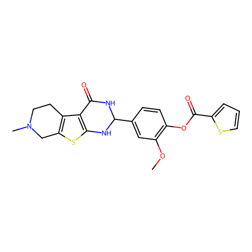 2-methoxy-4-(7-methyl-4-oxo-1,2,3,4,5,6,7,8-octahydropyrido[4',3':4,5]thieno[2,3-d]pyrimidin-2-yl)phenyl thiophene-2-carboxylate structure