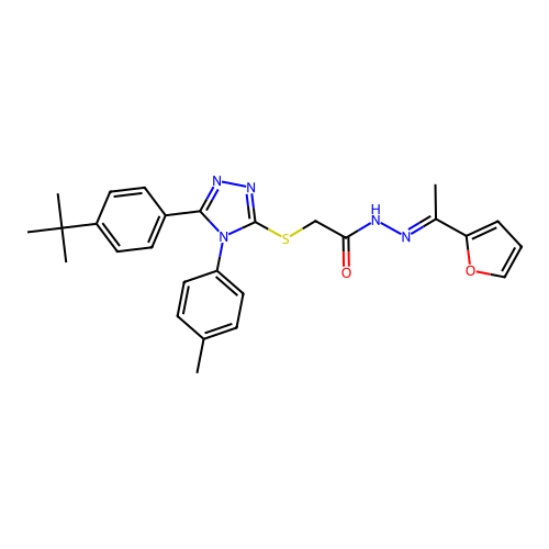 2-{[5-(4-tert-butylphenyl)-4-(4-methylphenyl)-4H-1,2,4-triazol-3-yl]sulfanyl}-N'-[(1E)-1-(furan-2-yl)ethylidene]acetohydrazide structure