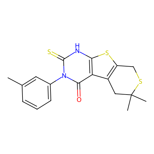 2-mercapto-6,6-dimethyl-3-(m-tolyl)-5,6-dihydro-3H-thiopyrano[4',3':4,5]thieno[2,3-d]pyrimidin-4(8H)-one structure