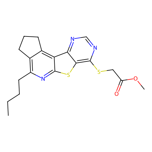 methyl [(4-butyl-2,3-dihydro-1H-cyclopenta[4',5']pyrido[3',2':4,5]thieno[3,2-d]pyrimidin-7-yl)sulfanyl]acetate structure