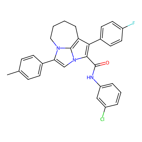 N-(3-chlorophenyl)-1-(4-fluorophenyl)-4-(4-methylphenyl)-5,6,7,8-tetrahydro-2a,4a-diazacyclopenta[cd]azulene-2-carboxamide structure