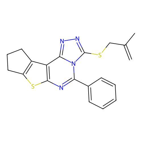 3-((2-methylallyl)thio)-5-phenyl-9,10-dihydro-8H-cyclopenta[4,5]thieno[3,2-e][1,2,4]triazolo[4,3-c]pyrimidine structure