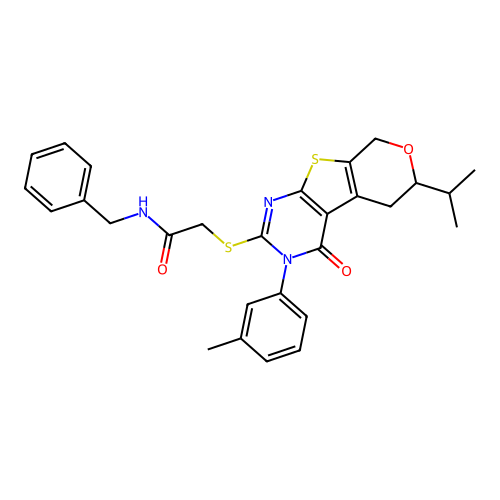 N-benzyl-2-((6-isopropyl-4-oxo-3-(m-tolyl)-4,5,6,8-tetrahydro-3H-pyrano[4',3':4,5]thieno[2,3-d]pyrimidin-2-yl)thio)acetamide structure