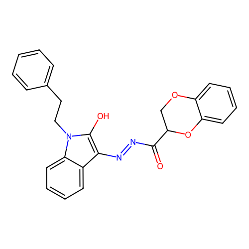 N-[(2-oxo-1-phenethylindol-3-ylidene)amino]-2,3-dihydro-1,4-benzodioxine-3-carboxamide structure