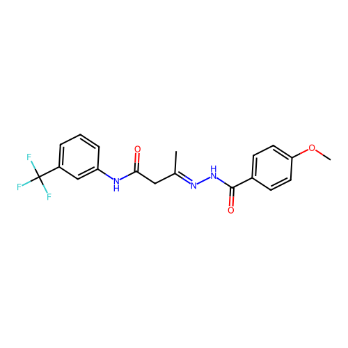 (3E)-3-{2-[(4-methoxyphenyl)carbonyl]hydrazinylidene}-N-[3-(trifluoromethyl)phenyl]butanamide structure