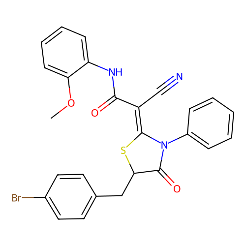 (Z)-2-(5-(4-bromobenzyl)-4-oxo-3-phenylthiazolidin-2-ylidene)-2-cyano-N-(2-methoxyphenyl)acetamide structure