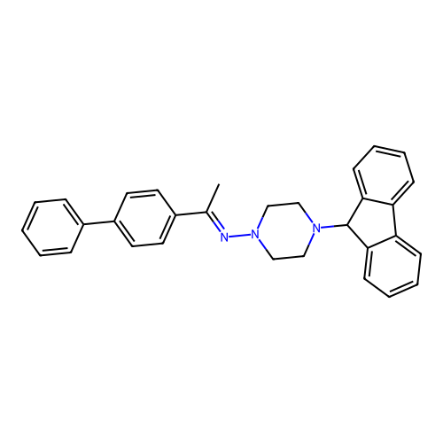 N-[(1E)-1-(biphenyl-4-yl)ethylidene]-4-(9H-fluoren-9-yl)piperazin-1-amine structure