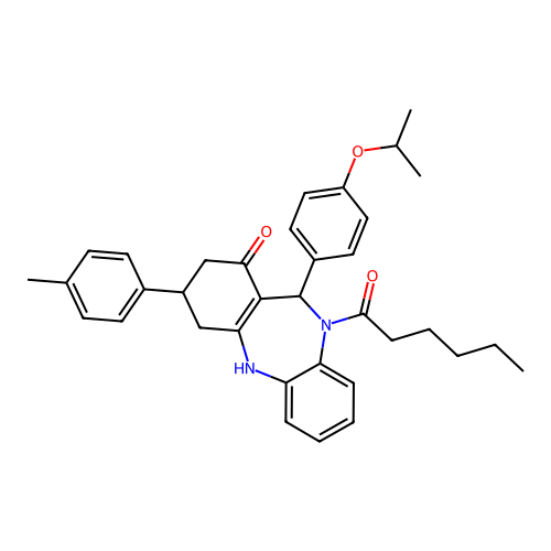 1-{1-hydroxy-3-(4-methylphenyl)-11-[4-(propan-2-yloxy)phenyl]-2,3,4,11-tetrahydro-10H-dibenzo[b,e][1,4]diazepin-10-yl}hexan-1-one structure