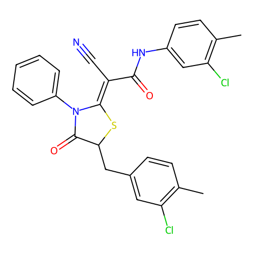 (Z)-2-(5-(3-chloro-4-methylbenzyl)-4-oxo-3-phenylthiazolidin-2-ylidene)-N-(3-chloro-4-methylphenyl)-2-cyanoacetamide structure