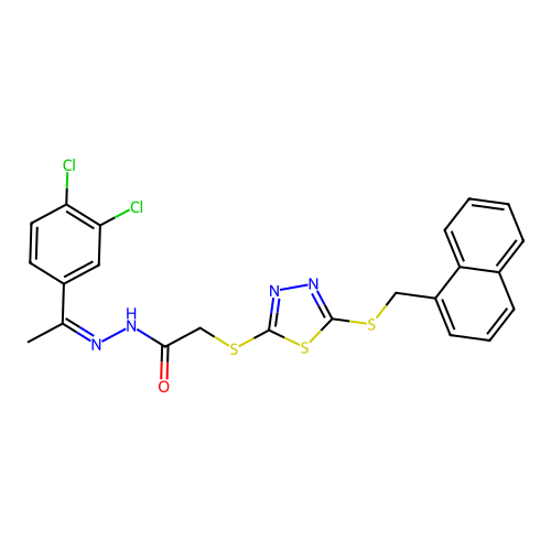 (Z)-N'-(1-(3,4-dichlorophenyl)ethylidene)-2-((5-((naphthalen-1-ylmethyl)thio)-1,3,4-thiadiazol-2-yl)thio)acetohydrazide structure