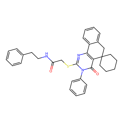 2-((4-oxo-3-phenyl-4,6-dihydro-3H-spiro[benzo[h]quinazoline-5,1'-cyclohexan]-2-yl)thio)-N-phenethylacetamide structure