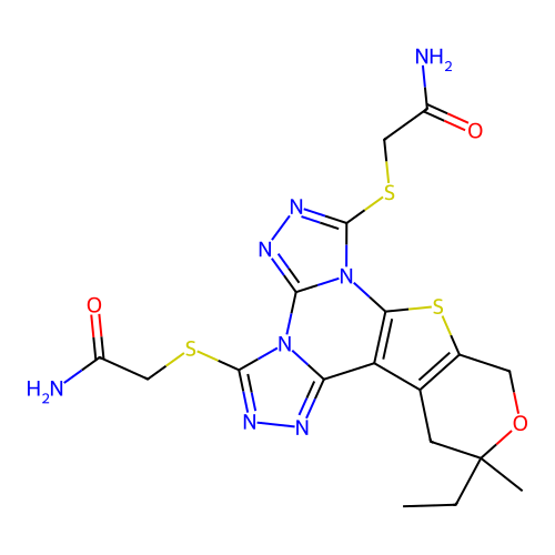 2,2'-((12-ethyl-12-methyl-12,13-dihydro-10H-pyrano[4',3':4,5]thieno[3,2-e]bis([1,2,4]triazolo)[4,3-a:4',3'-c]pyrimidine-3,7-diyl)bis(sulfanediyl))diacetamide structure