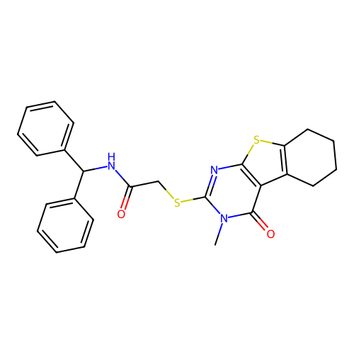 N-(diphenylmethyl)-2-[(3-methyl-4-oxo-3,4,5,6,7,8-hexahydro[1]benzothieno[2,3-d]pyrimidin-2-yl)sulfanyl]acetamide structure