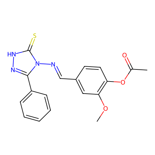 (E)-4-(((3-mercapto-5-phenyl-4H-1,2,4-triazol-4-yl)imino)methyl)-2-methoxyphenyl acetate structure
