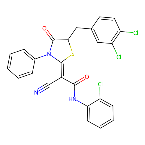 (2Z)-N-(2-chlorophenyl)-2-cyano-2-[5-(3,4-dichlorobenzyl)-4-oxo-3-phenyl-1,3-thiazolidin-2-ylidene]ethanamide structure