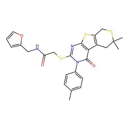 2-((6,6-dimethyl-4-oxo-3-(p-tolyl)-4,5,6,8-tetrahydro-3H-thiopyrano[4',3':4,5]thieno[2,3-d]pyrimidin-2-yl)thio)-N-(furan-2-ylmethyl)acetamide structure