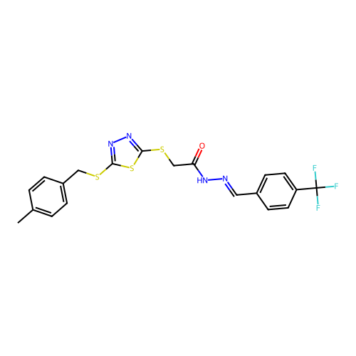 2-({5-[(4-methylbenzyl)sulfanyl]-1,3,4-thiadiazol-2-yl}sulfanyl)-N'-{(E)-[4-(trifluoromethyl)phenyl]methylidene}acetohydrazide structure