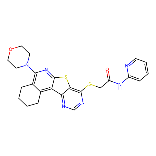 2-((5-morpholino-1,2,3,4-tetrahydropyrimido[4',5':4,5]thieno[2,3-c]isoquinolin-8-yl)thio)-N-(pyridin-2-yl)acetamide structure
