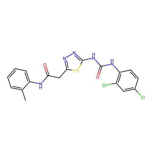 2-[5-[(2,4-dichlorophenyl)carbamoylamino]-1,3,4-thiadiazol-2-yl]-N-(2-methylphenyl)acetamide structure