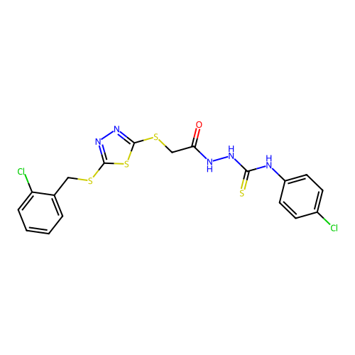 1-(4-chlorophenyl)-3-[[2-[[5-[(2-chlorophenyl)methylsulfanyl]-1,3,4-thiadiazol-2-yl]sulfanyl]acetyl]amino]thiourea structure