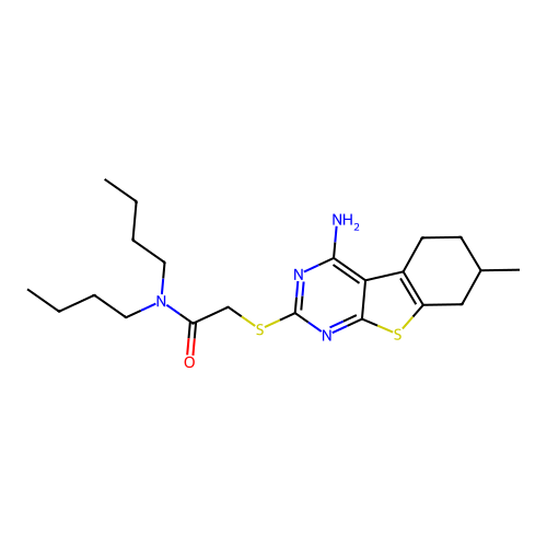 2-((4-amino-7-methyl-5,6,7,8-tetrahydrobenzo[4,5]thieno[2,3-d]pyrimidin-2-yl)thio)-N,N-dibutylacetamide structure